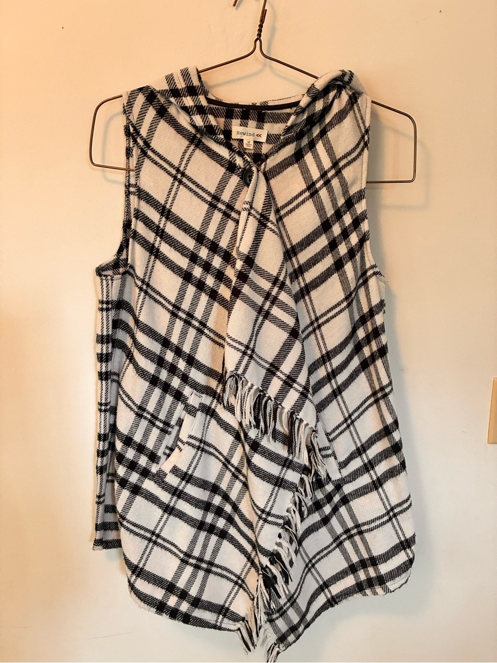 Rewind Black and White Plaid Hooded Fringe Vest